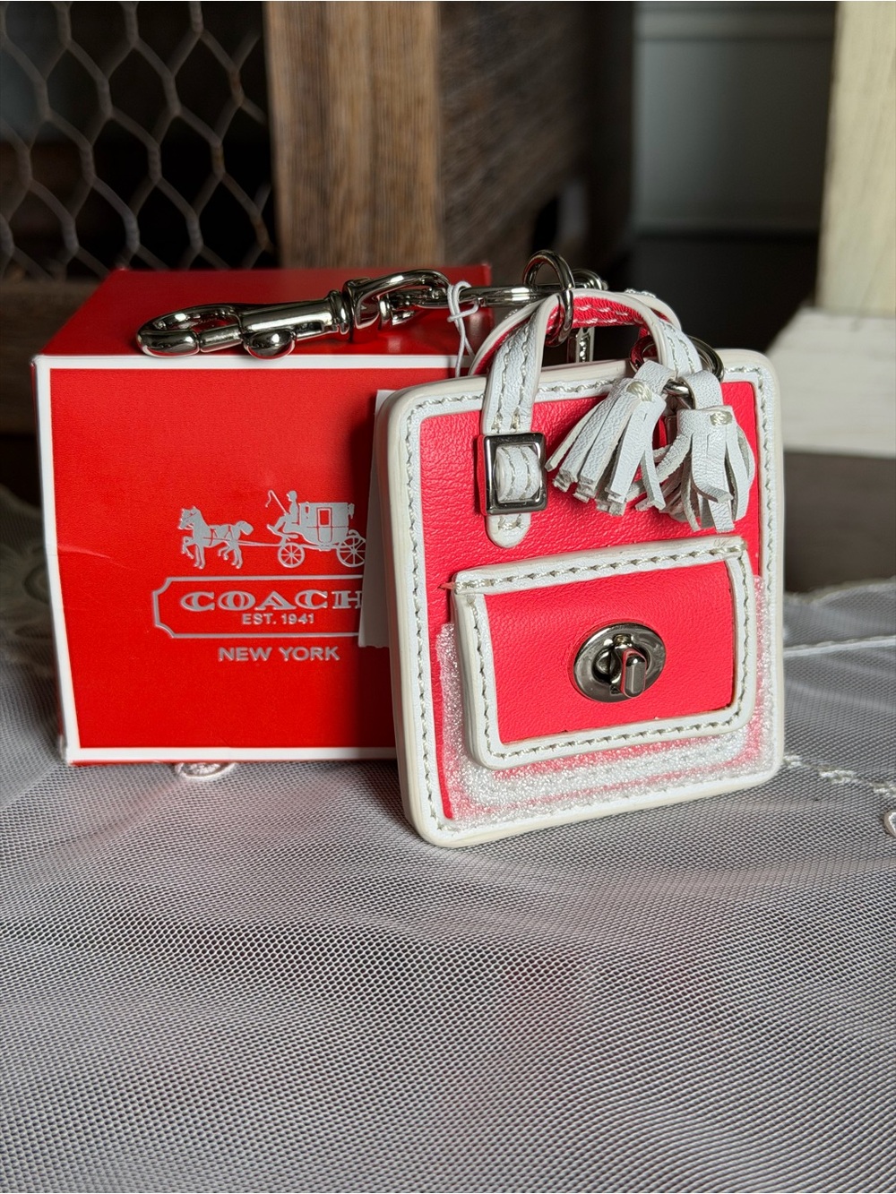 NWT COACH Bright Coral/ Snow Legacy Mini Turnlock Handbag Charm Keychain